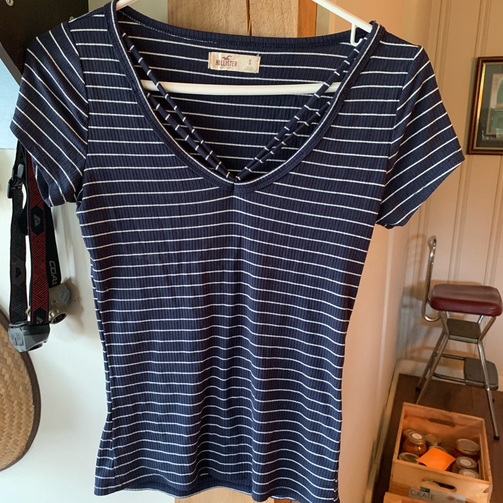 Navy Blue and White Striped Hollister Top